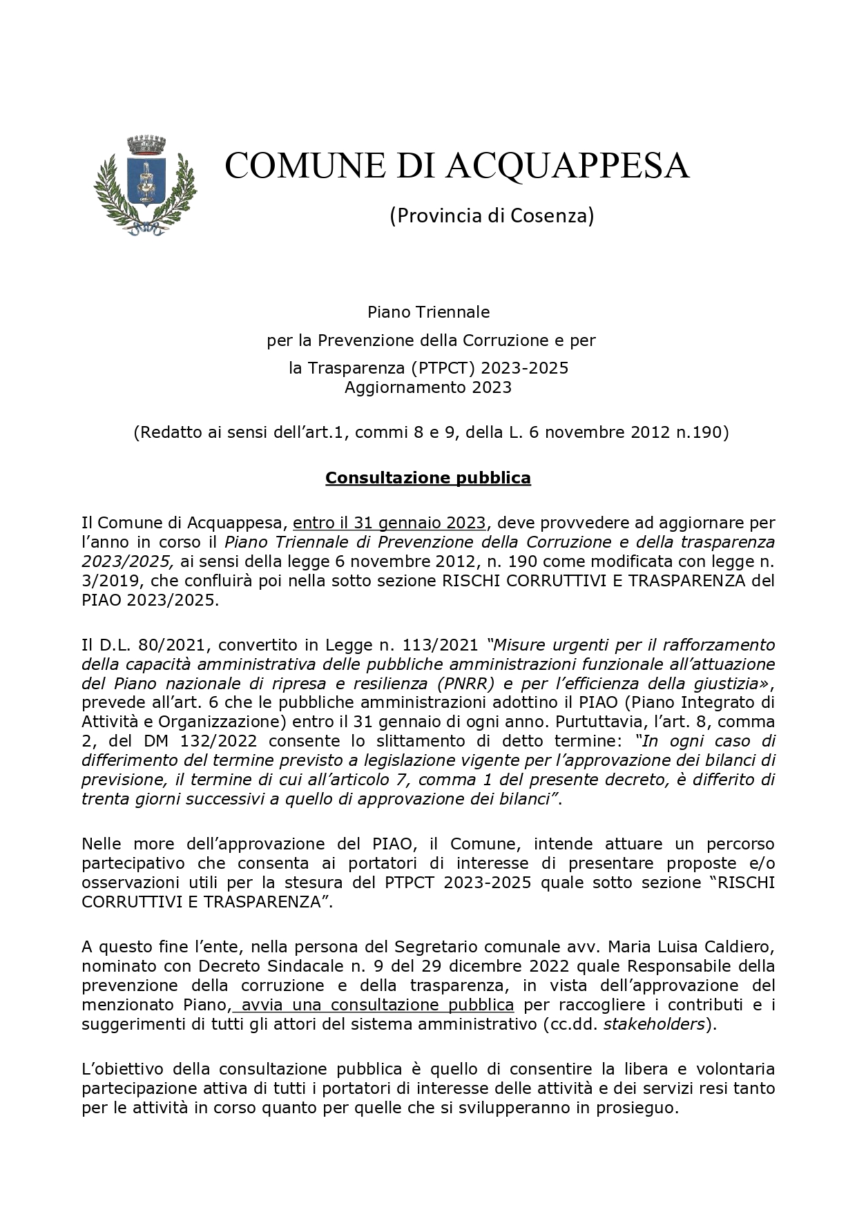 Piano Triennale per la Prevenzione della Corruzione e per  la Trasparenza (PTPCT) 2023-2025 Aggiornamento 2023